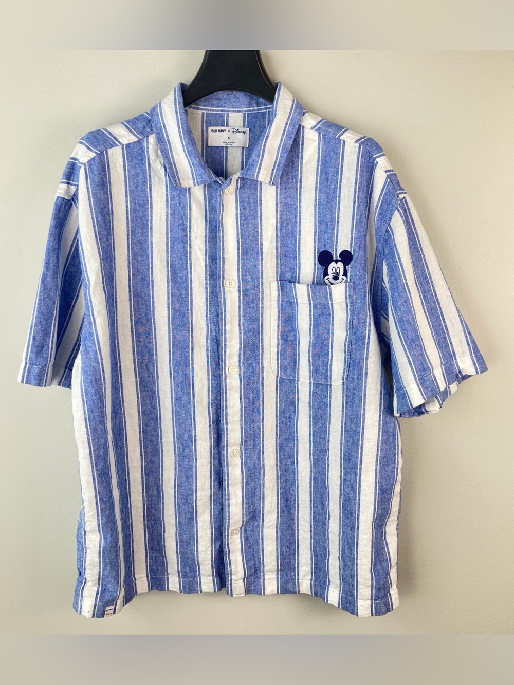 Old Navy X Disney Button Up Shirt Blue Stripe Mickey Mouse Linen Pocket Size M